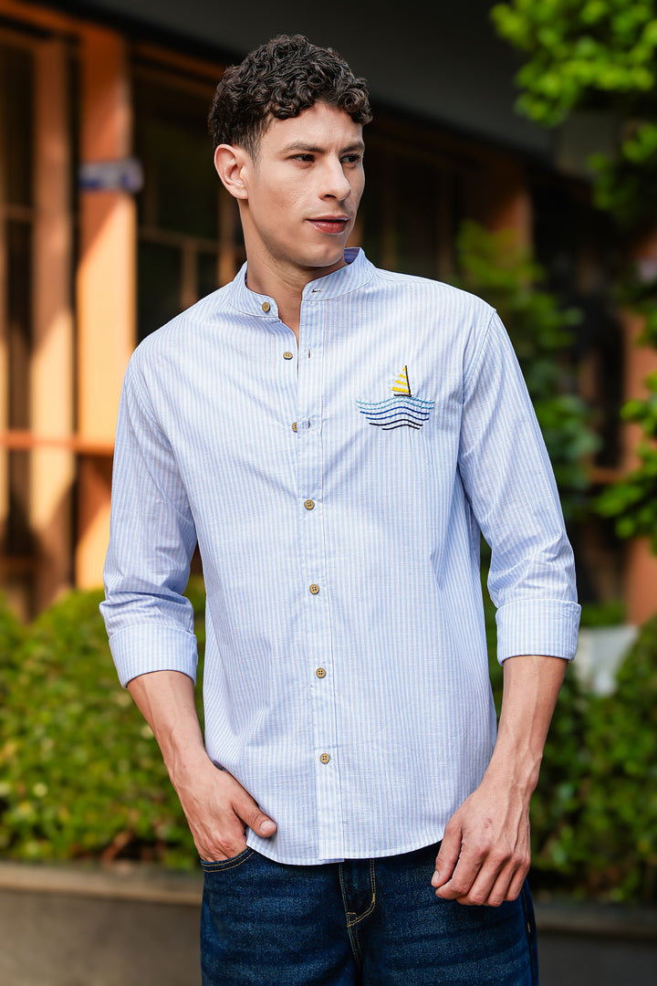 Nautical: Light bLue Stripes Embroidery Shirt