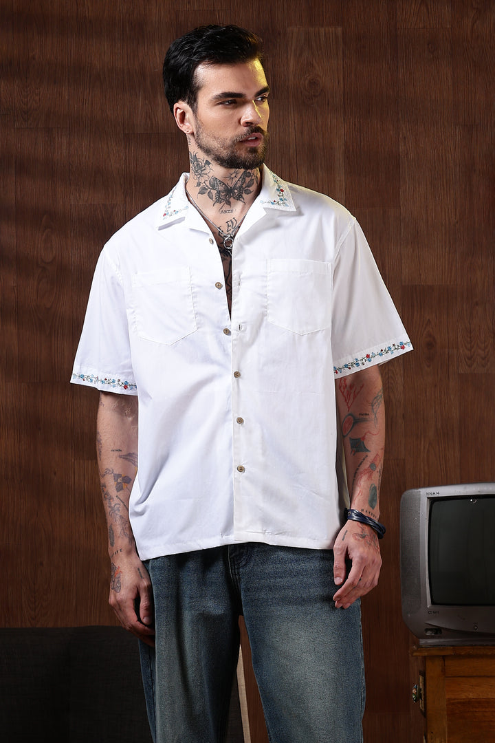 Floral Chain Embroidery: White Cuban Shirt