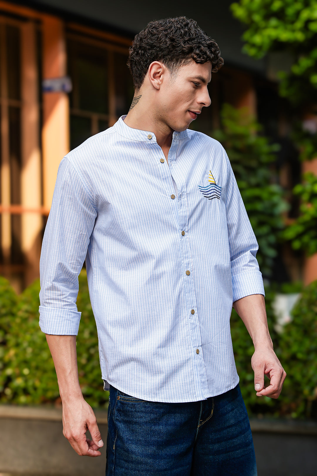 Nautical: Light bLue Stripes Embroidery Shirt
