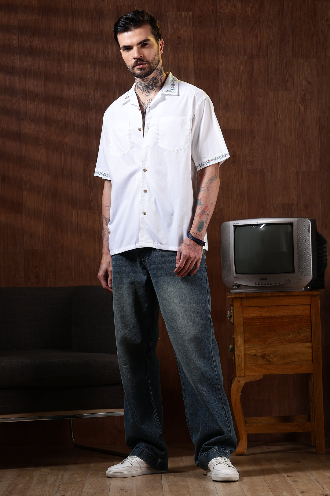 Floral Chain Embroidery: White Cuban Shirt