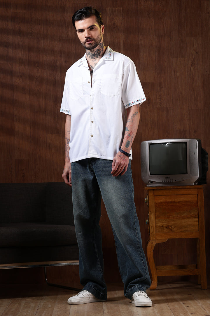 Floral Chain Embroidery: White Cuban Shirt