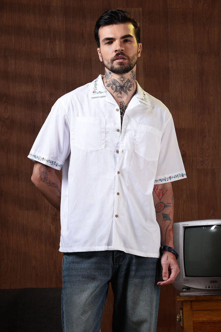 Floral Chain Embroidery: White Cuban Shirt