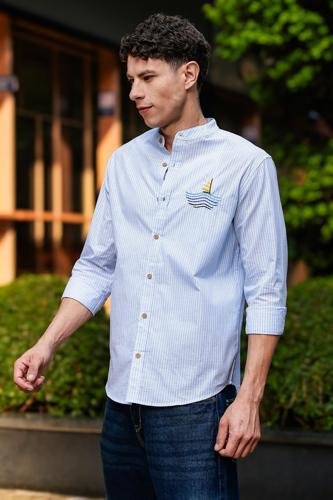 Nautical: Light bLue Stripes Embroidery Shirt