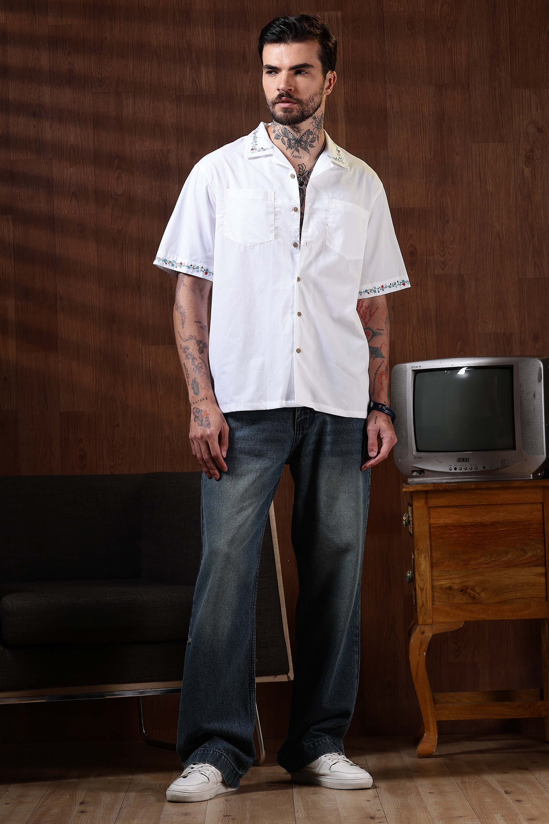 Floral Chain Embroidery: White Cuban Shirt