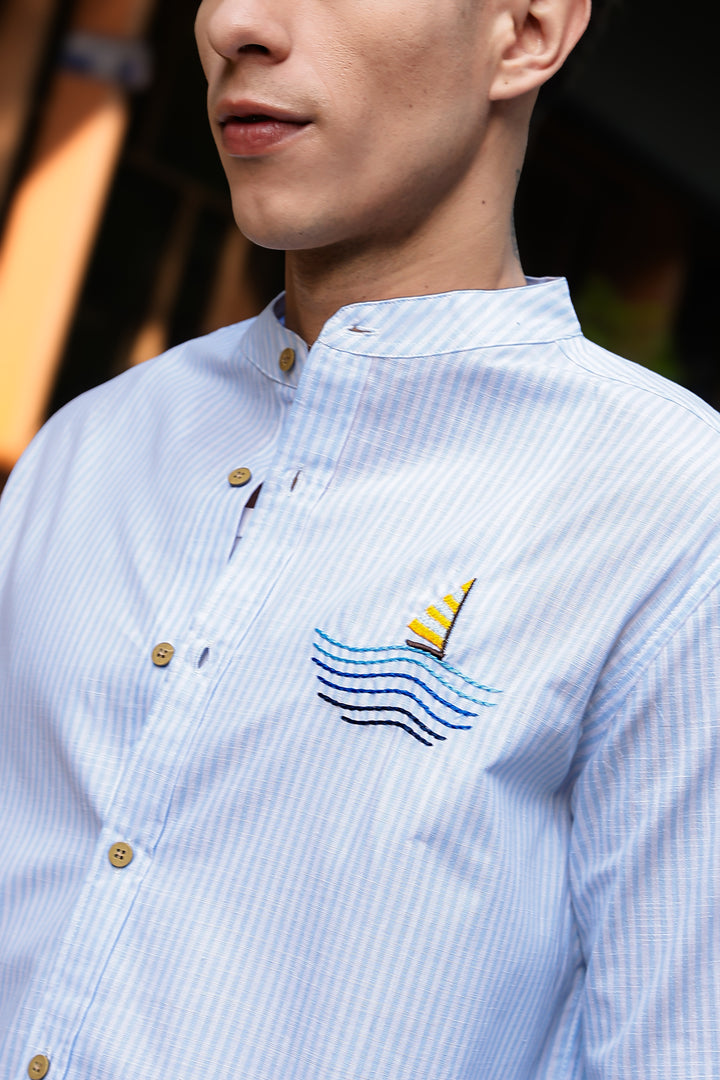 Nautical: Light bLue Stripes Embroidery Shirt