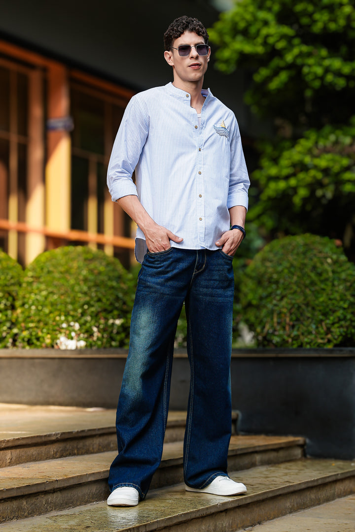 Nautical: Light bLue Stripes Embroidery Shirt