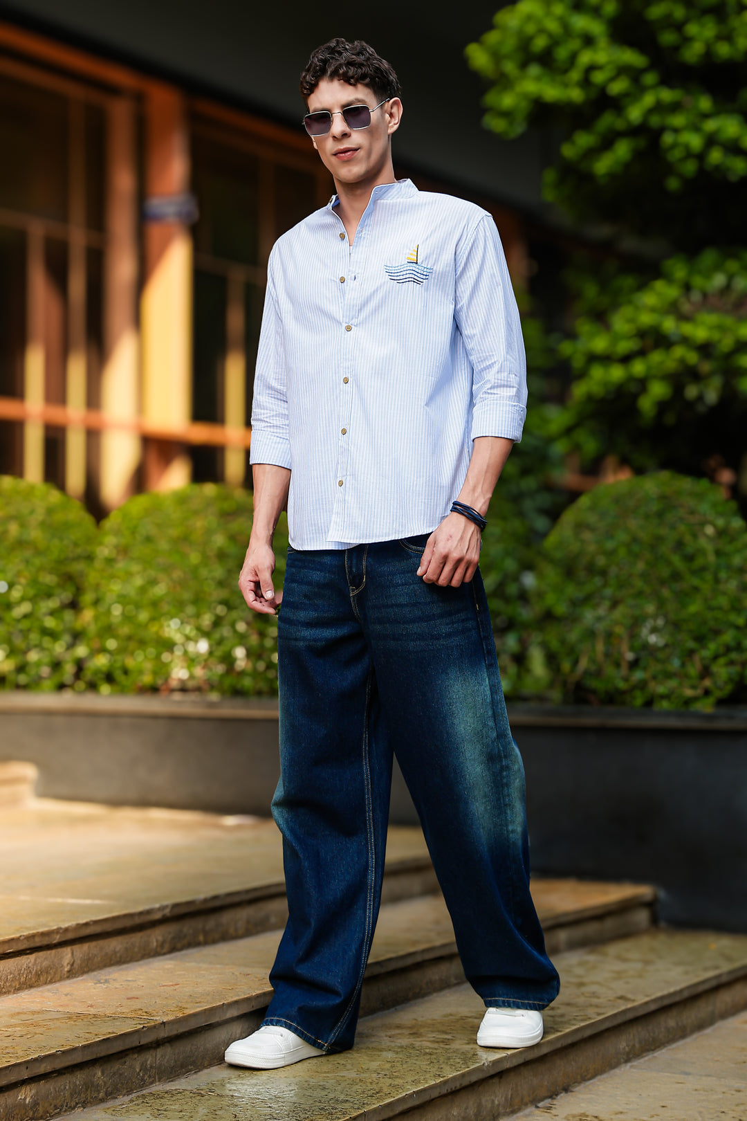Nautical: Light bLue Stripes Embroidery Shirt