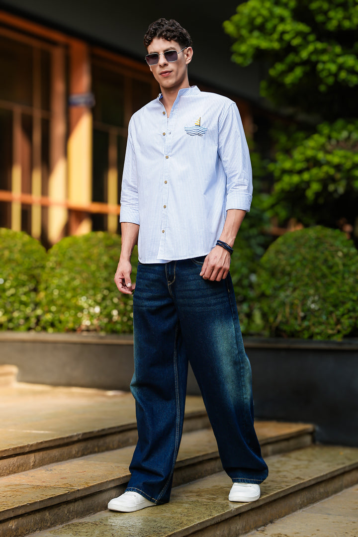 Nautical: Light bLue Stripes Embroidery Shirt