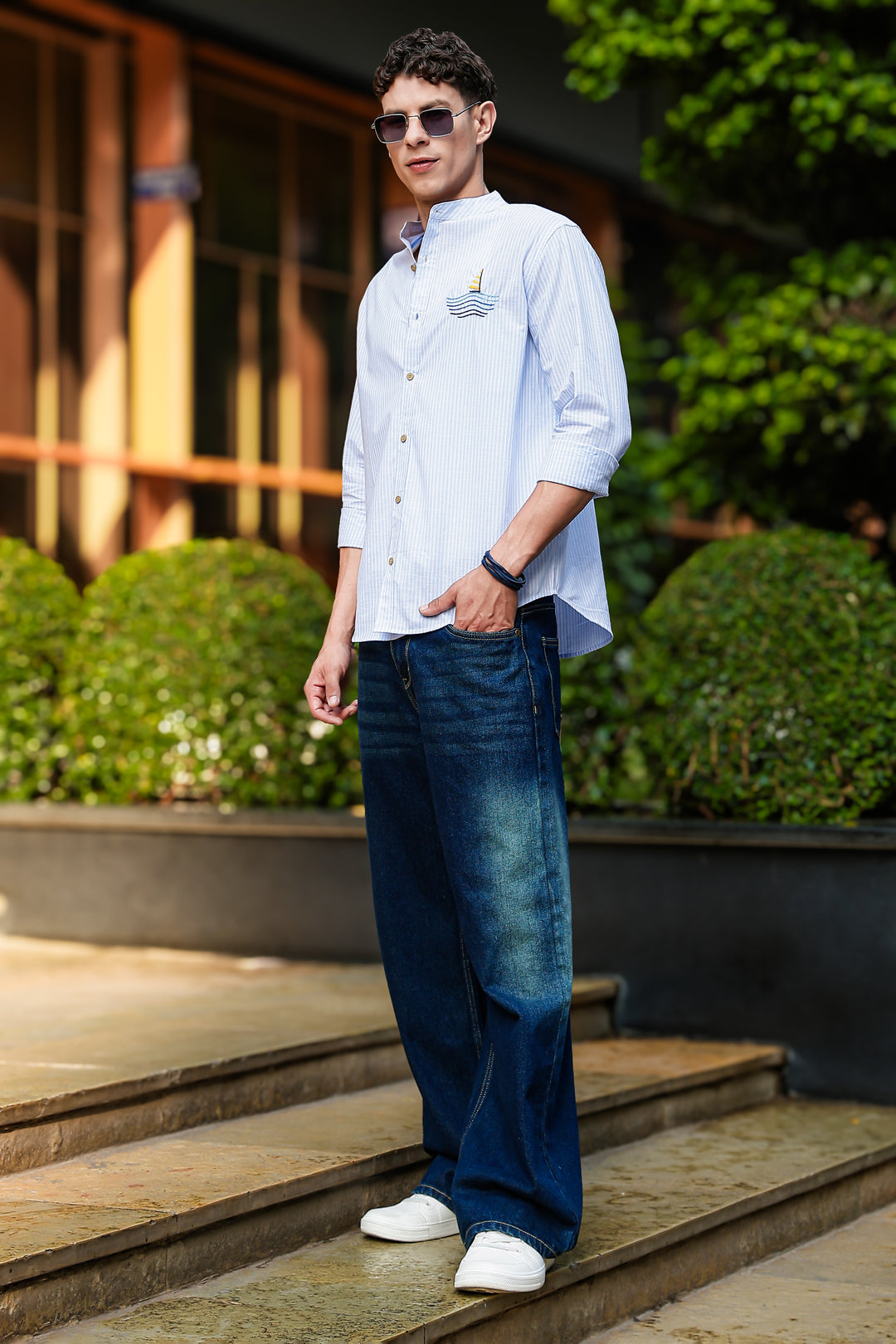 Nautical: Light bLue Stripes Embroidery Shirt