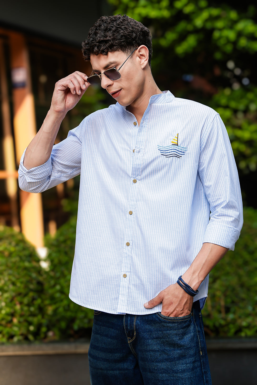 Nautical: Light bLue Stripes Embroidery Shirt