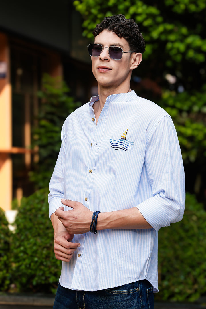 Nautical: Light bLue Stripes Embroidery Shirt
