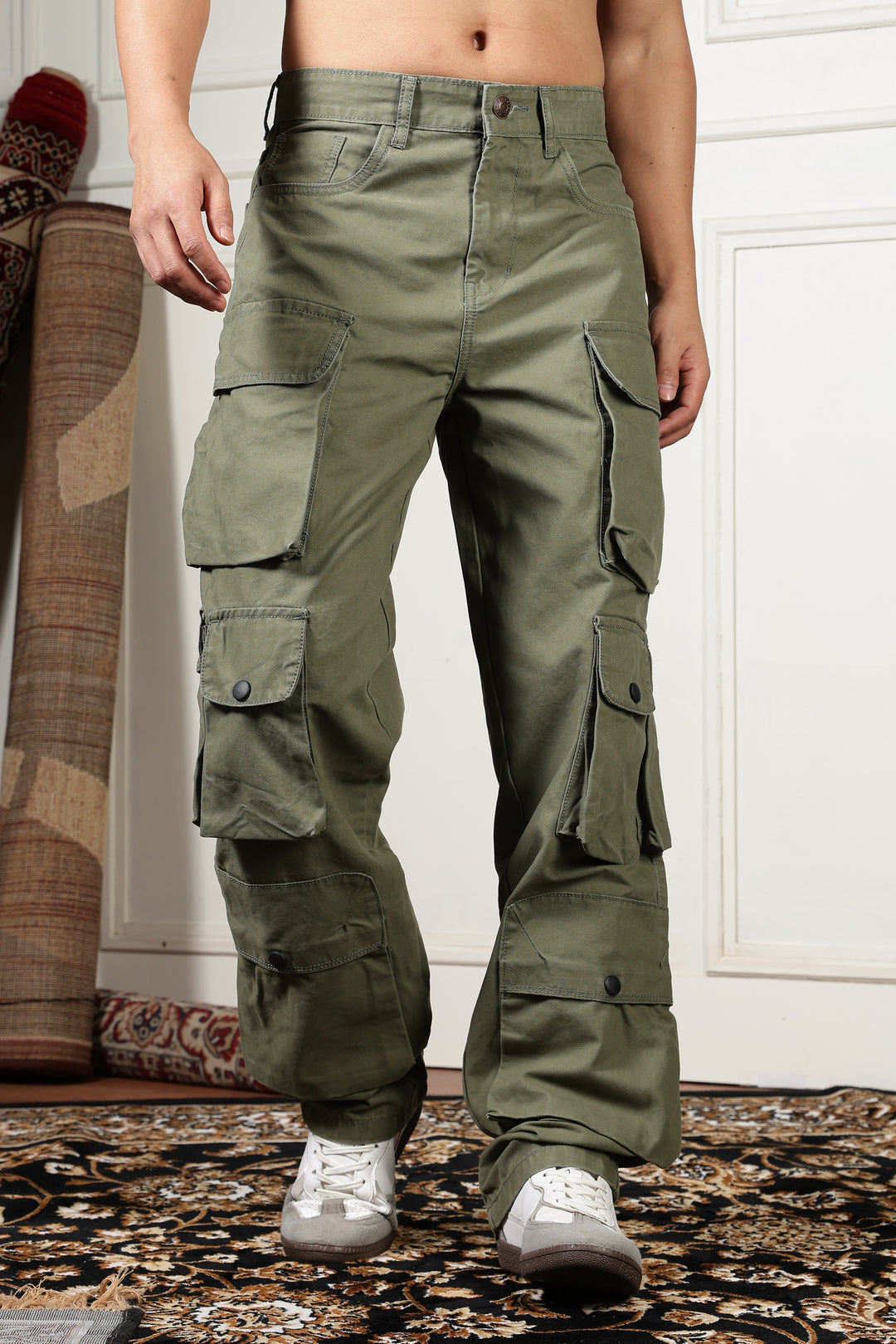 Green Canvas Multi- Pocket Cargo Pants