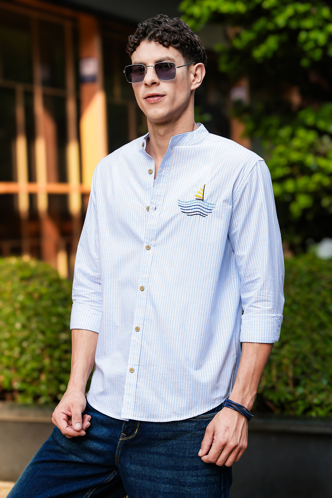 Nautical: Light bLue Stripes Embroidery Shirt