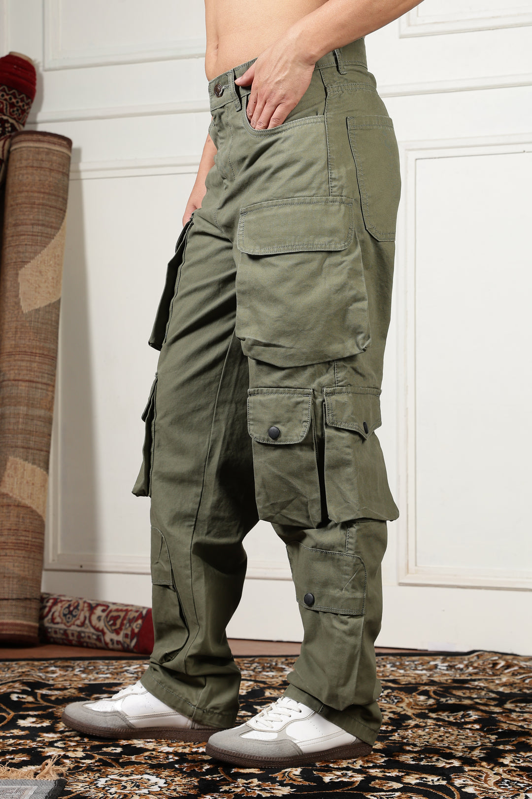 Green Canvas Multi- Pocket Cargo Pants