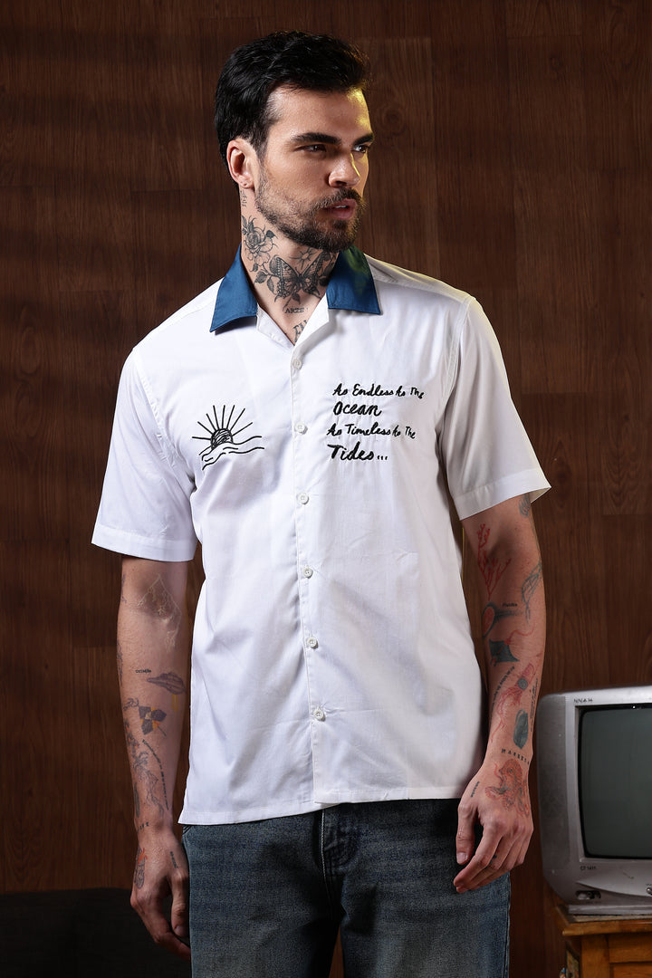 Limitless: Embroidery White Cotton Cuban Shirt