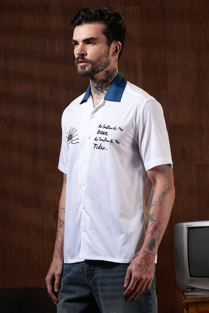 Limitless: Embroidery White Cotton Cuban Shirt
