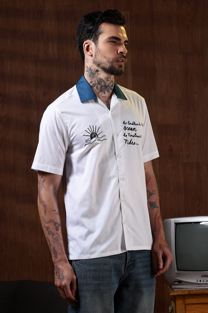 Limitless: Embroidery White Cotton Cuban Shirt