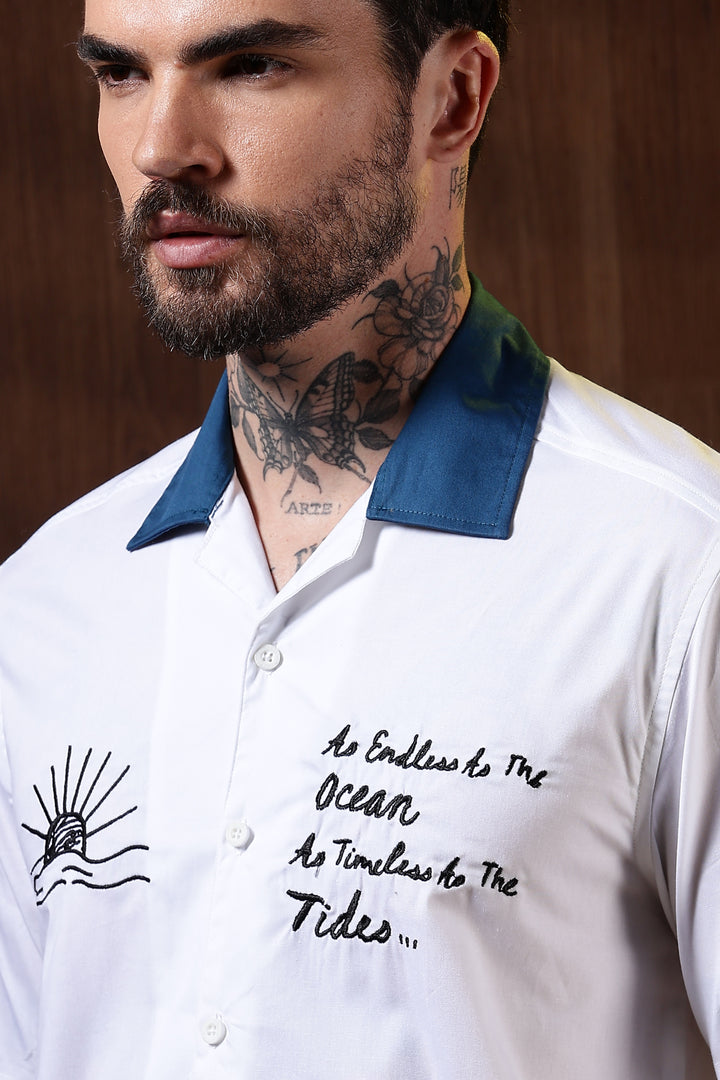 Limitless: Embroidery White Cotton Cuban Shirt