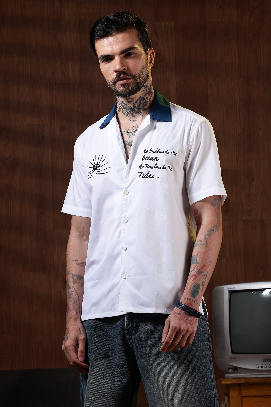 Limitless: Embroidery White Cotton Cuban Shirt