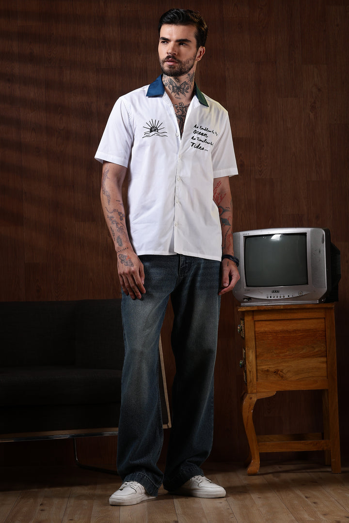 Limitless: Embroidery White Cotton Cuban Shirt