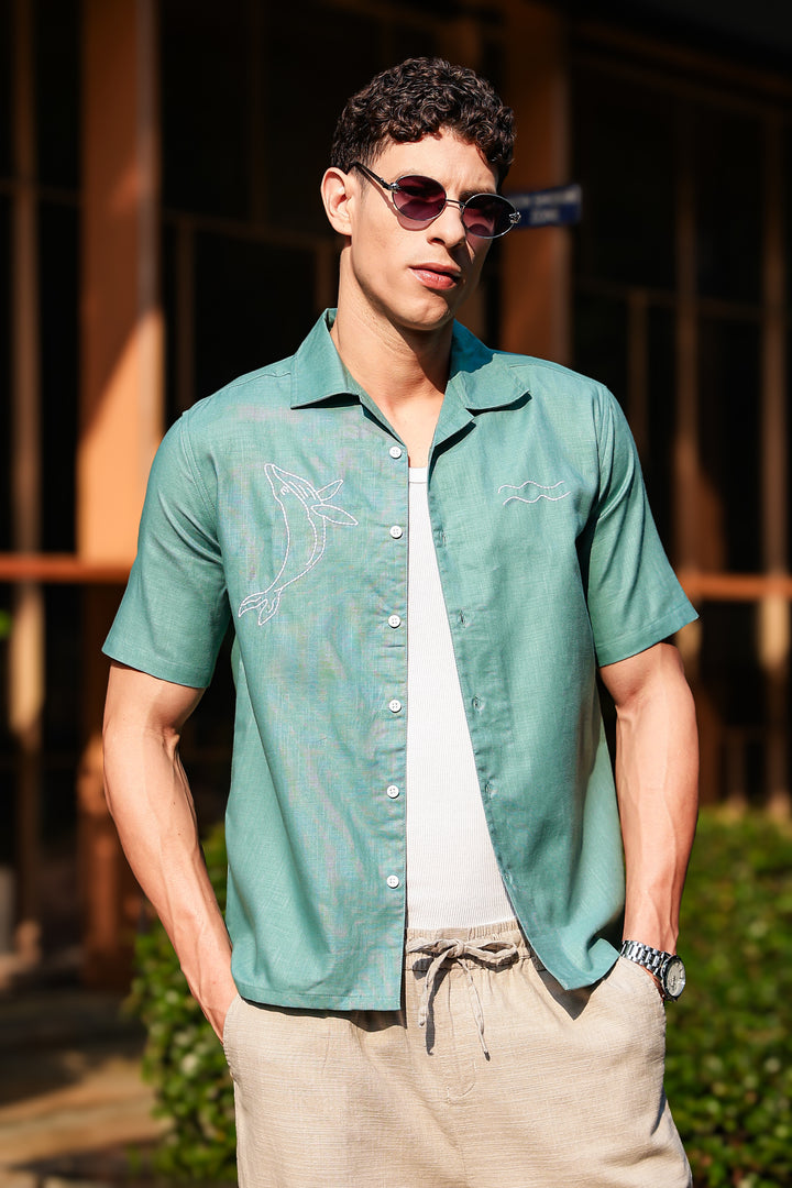 Whale Embroidery : Sea Green Oversized Shirt