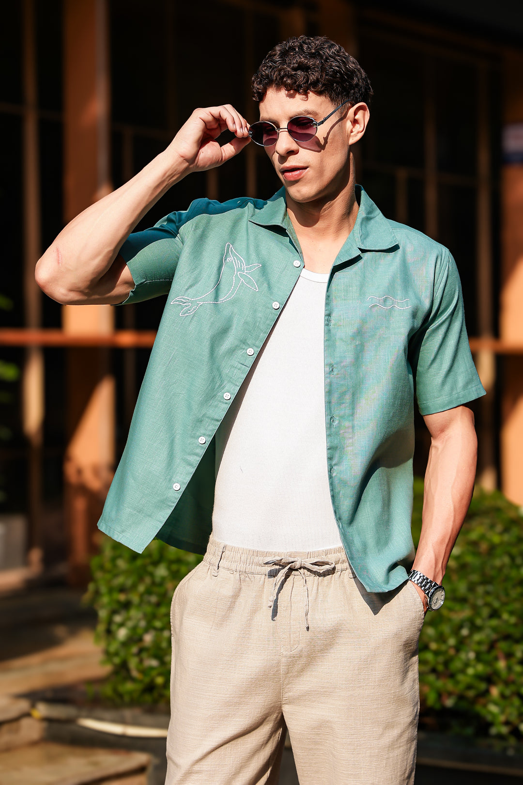 Whale Embroidery : Sea Green Oversized Shirt
