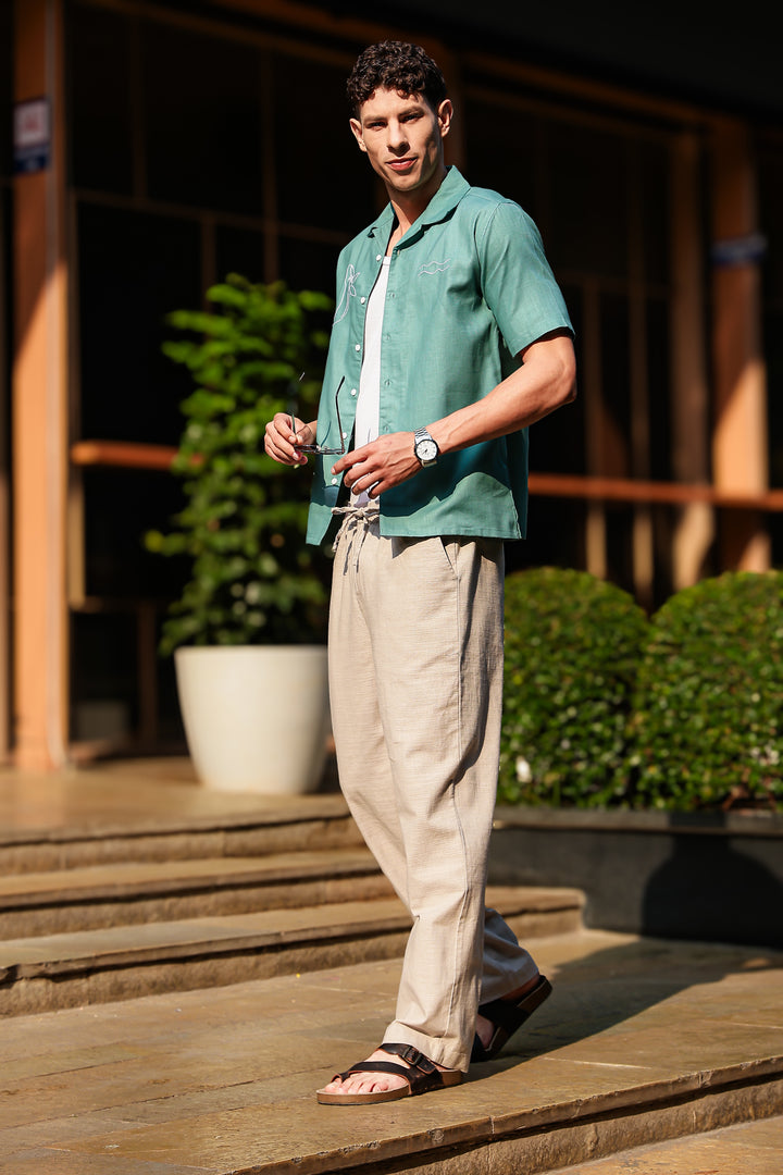 Whale Embroidery : Sea Green Oversized Shirt