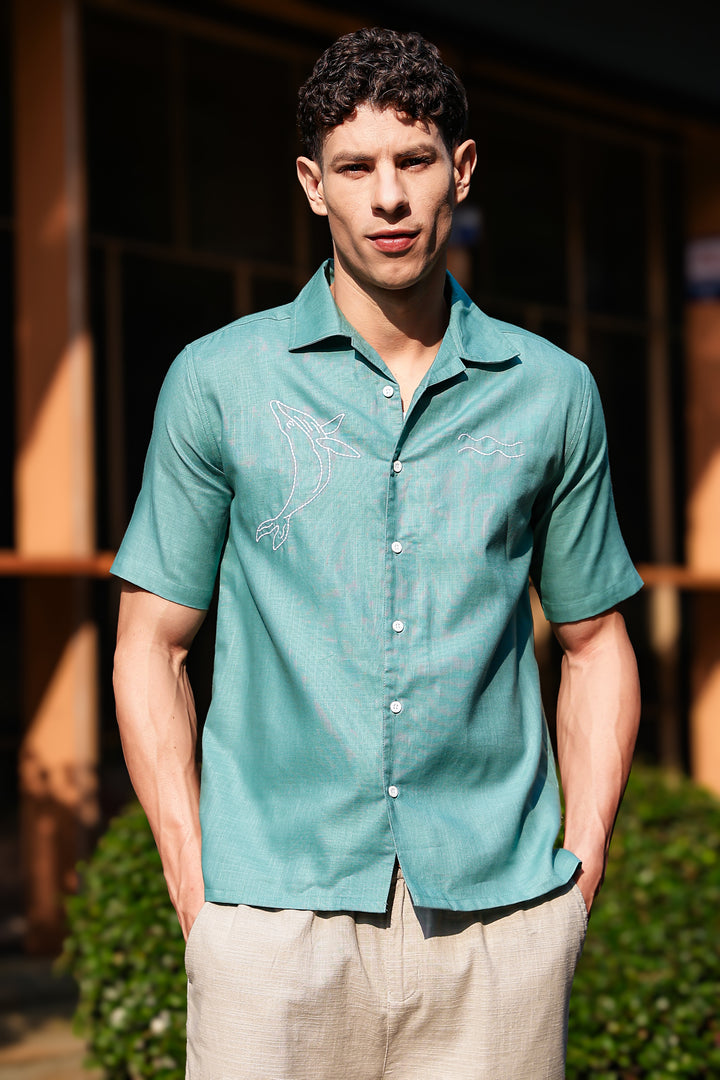 Whale Embroidery : Sea Green Oversized Shirt