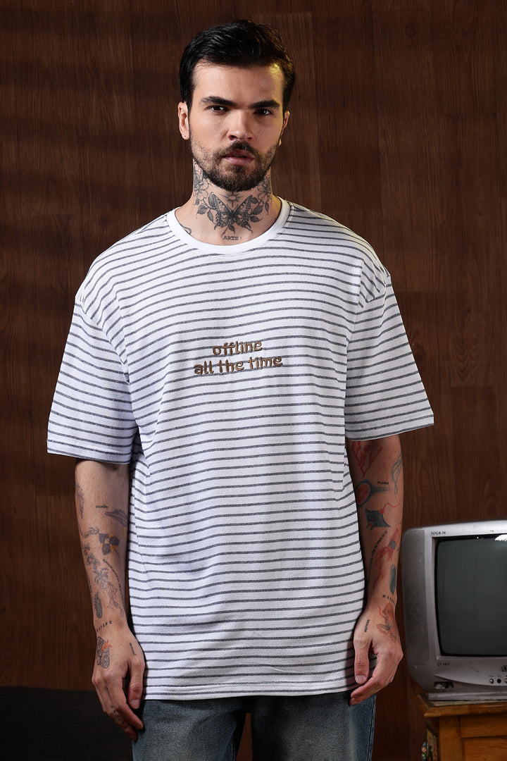 Offline: White Stripes Embroidery Oversized T-shirt