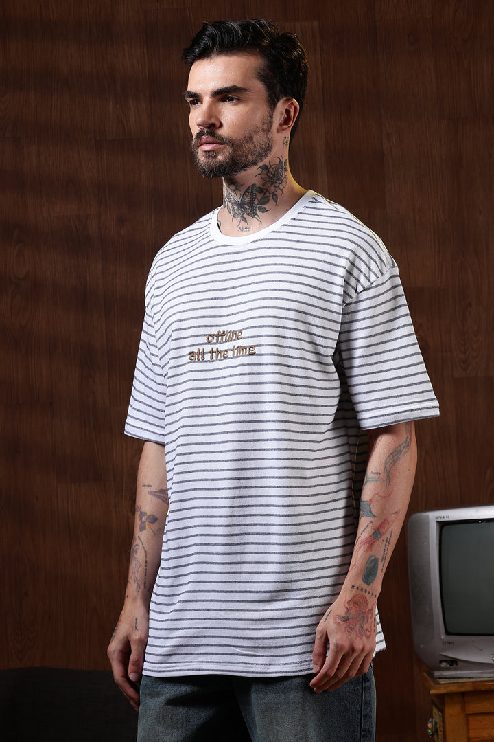 Offline: White Stripes Embroidery Oversized T-shirt