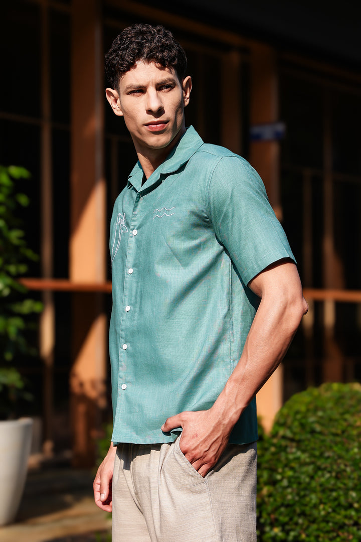 Whale Embroidery : Sea Green Oversized Shirt
