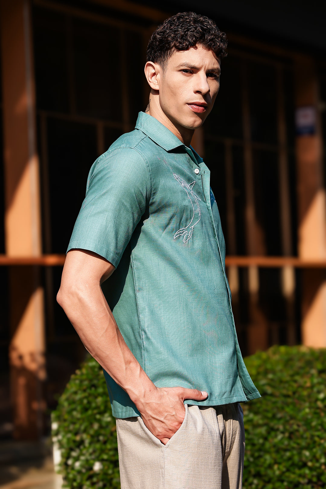 Whale Embroidery : Sea Green Oversized Shirt