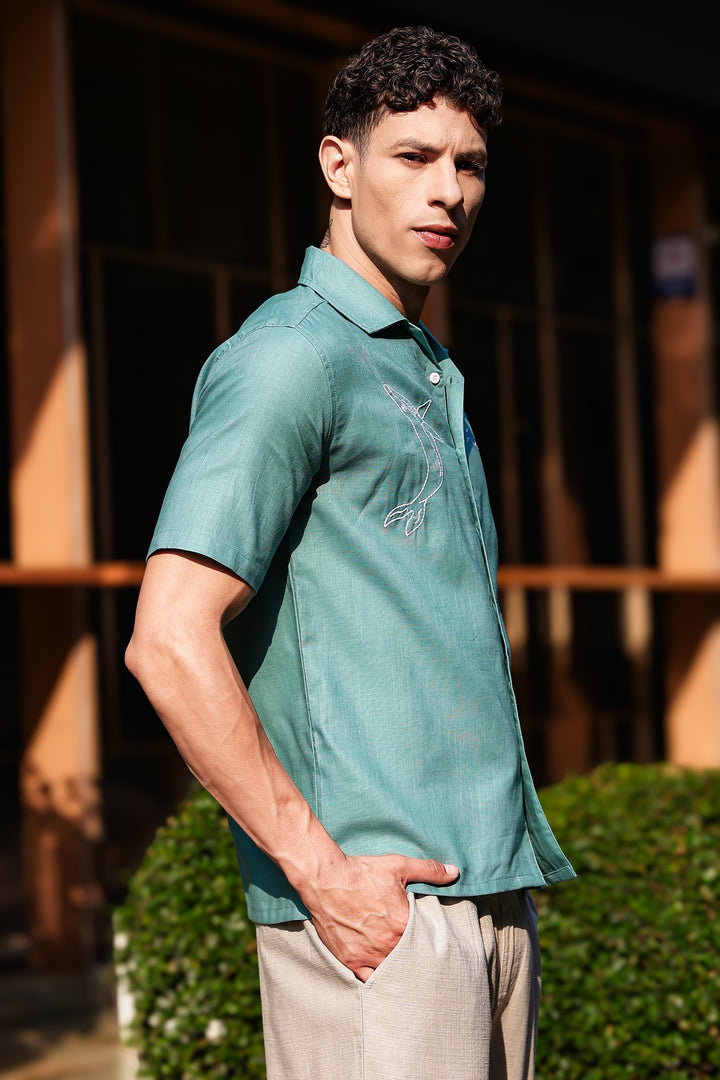 Whale Embroidery : Sea Green Oversized Shirt