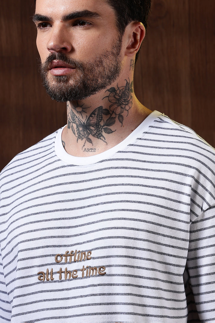 Offline: White Stripes Embroidery Oversized T-shirt