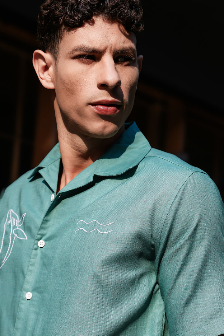 Whale Embroidery : Sea Green Oversized Shirt