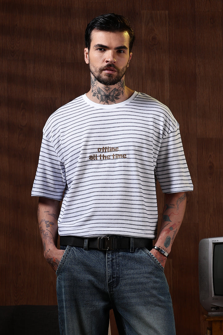Offline: White Stripes Embroidery Oversized T-shirt