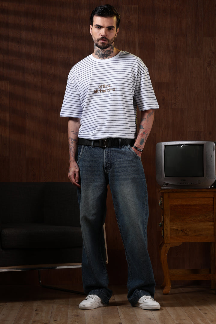 Offline: White Stripes Embroidery Oversized T-shirt