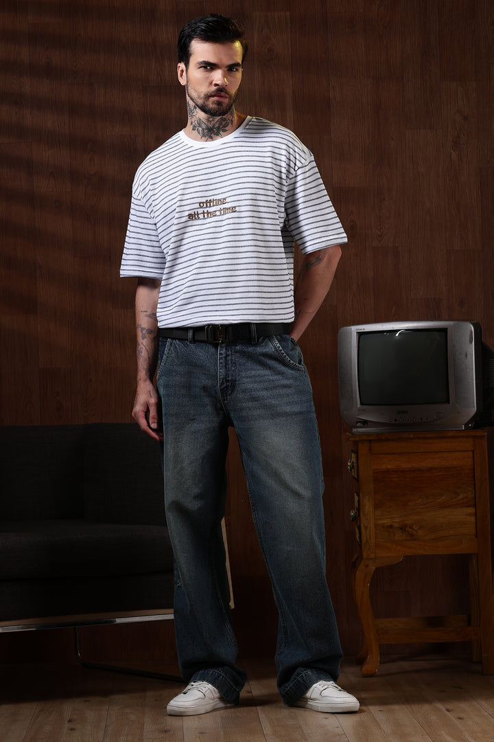 Offline: White Stripes Embroidery Oversized T-shirt