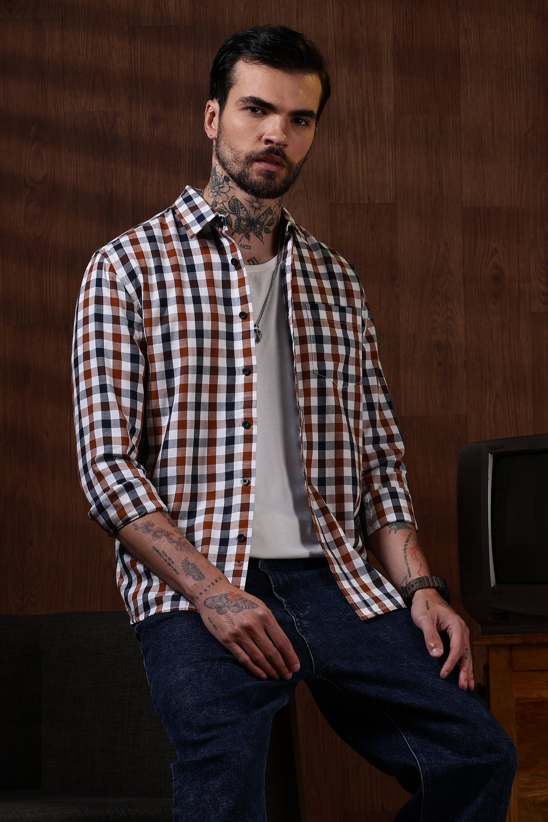 Twill: Brown & White Checks Shirt
