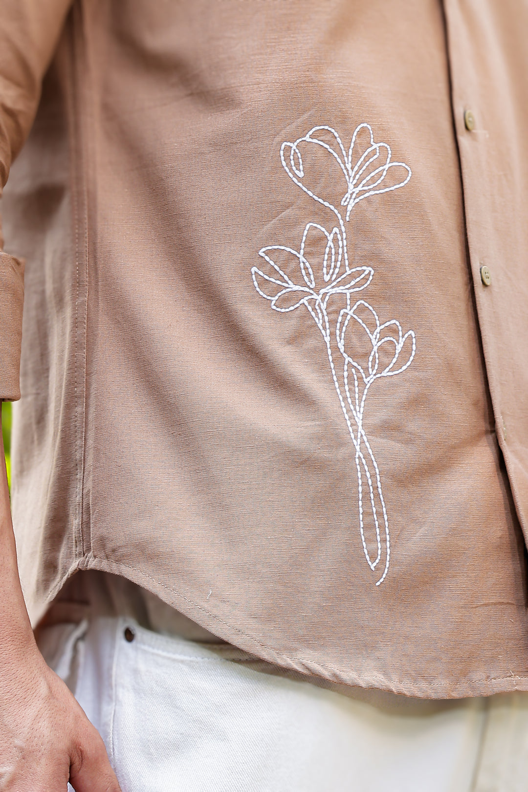 Rustic Flower Embroidery Brown Shirt