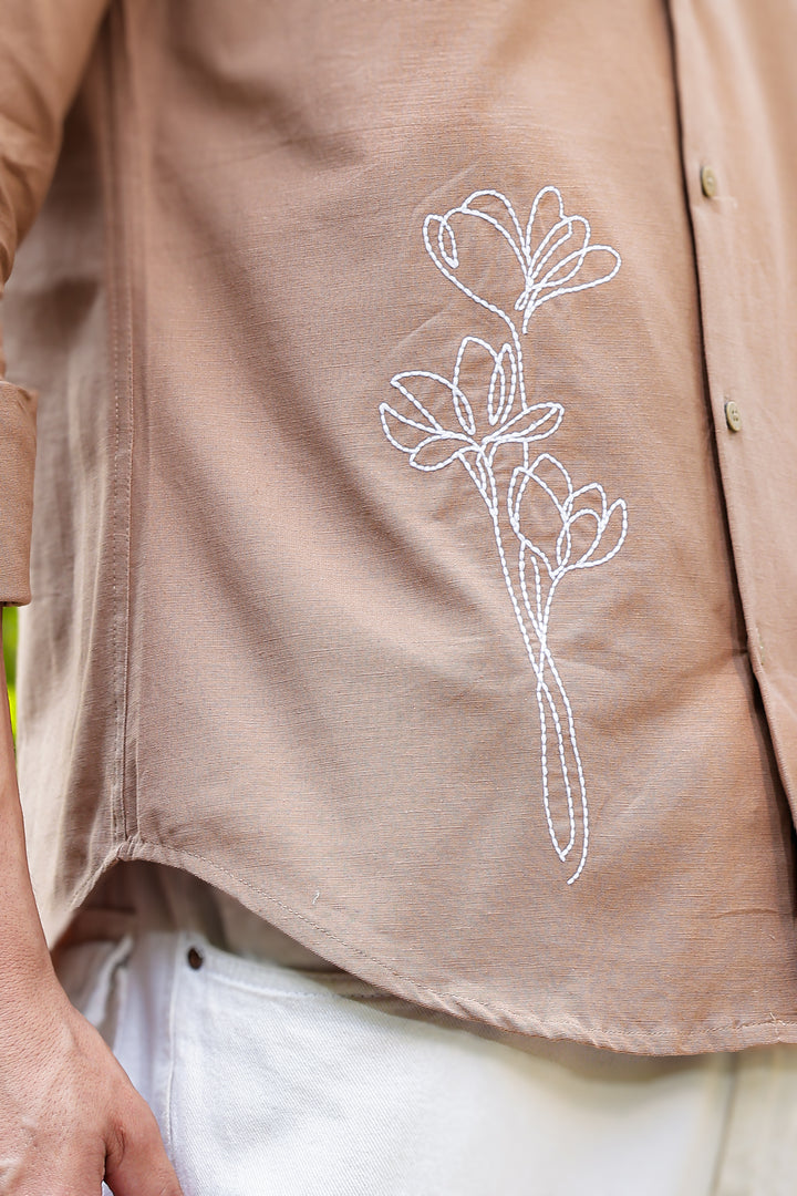 Rustic Flower Embroidery Brown Shirt