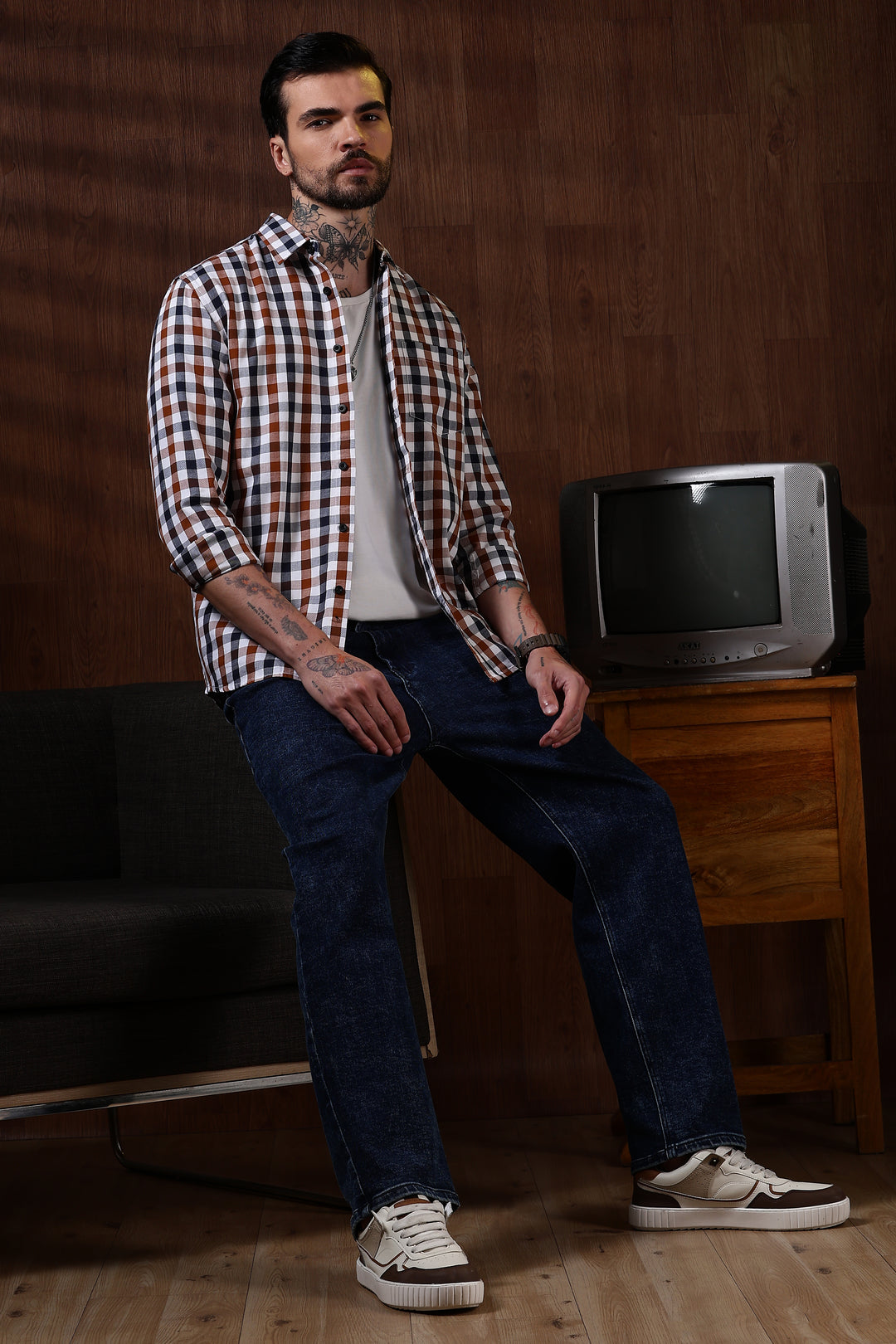 Twill: Brown & White Checks Shirt