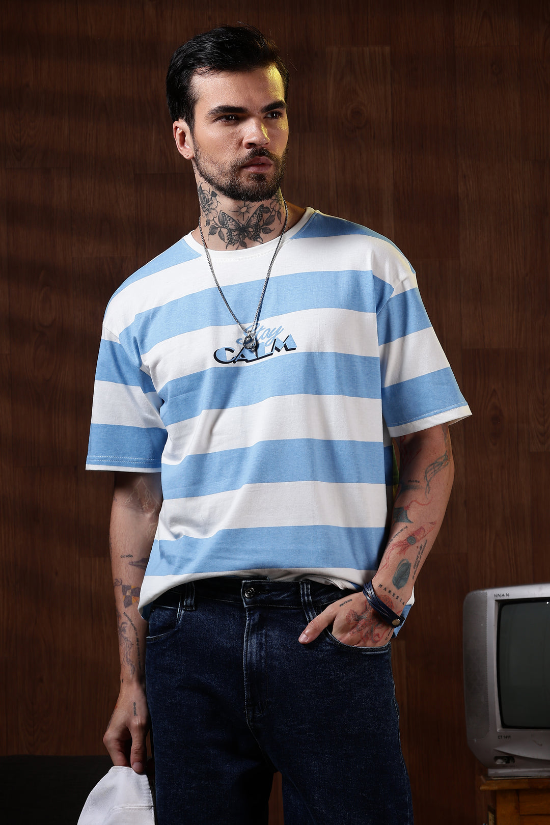 Stay Calm: Blue Stripes Oversized T-shirt