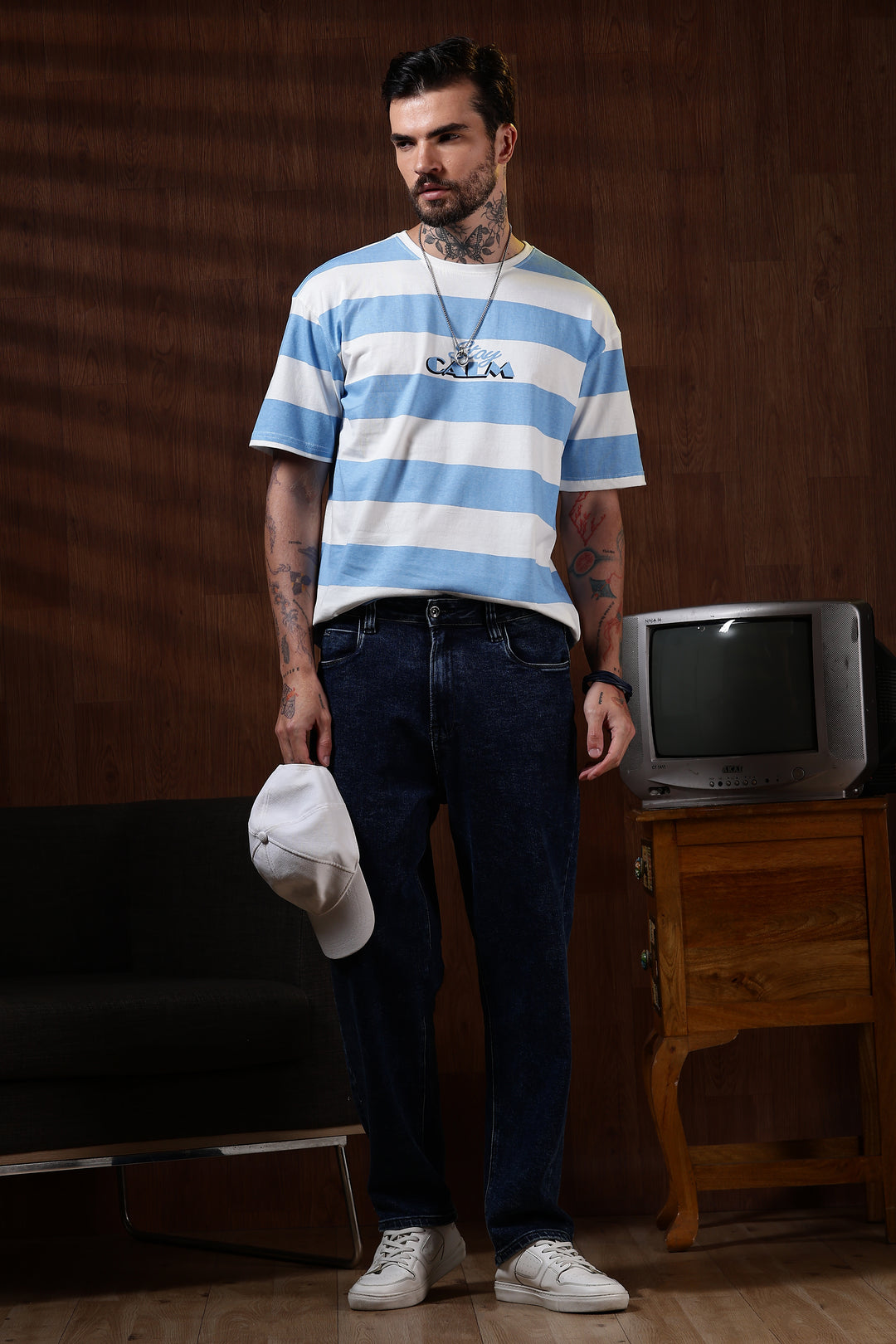 Stay Calm: Blue Stripes Oversized T-shirt