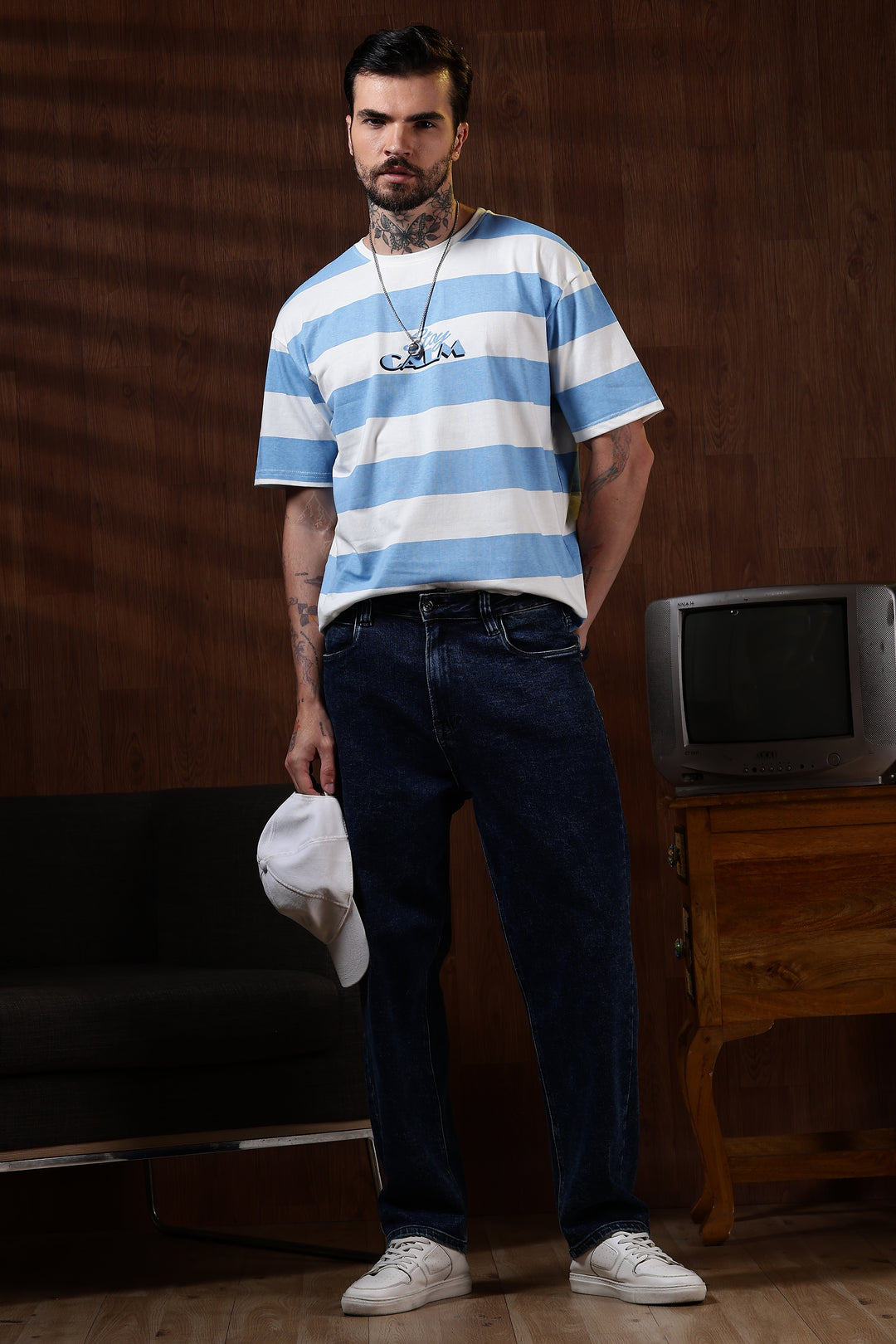 Stay Calm: Blue Stripes Oversized T-shirt