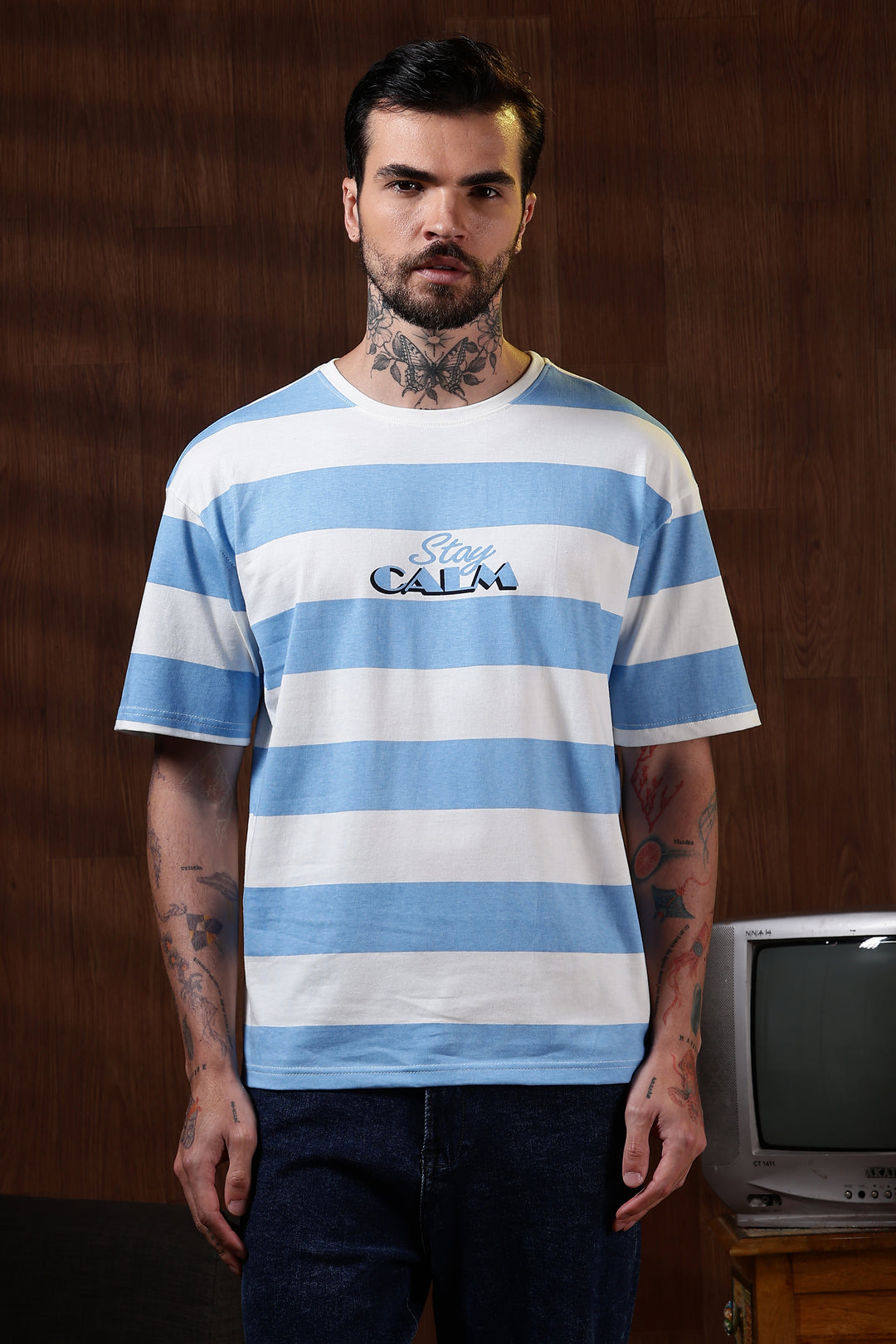 Stay Calm: Blue Stripes Oversized T-shirt