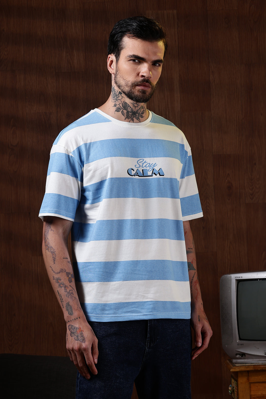 Stay Calm: Blue Stripes Oversized T-shirt