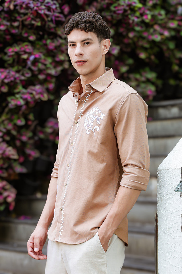 Hidden Treasure Brown Embroidery Linen Shirt