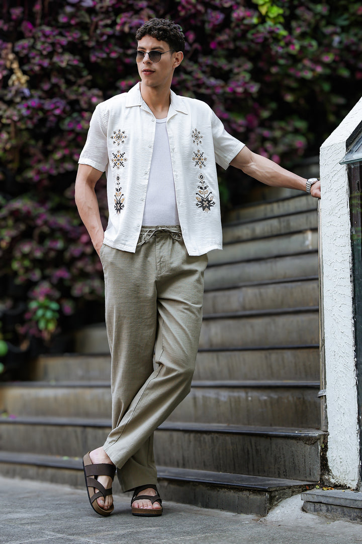 Conventional Embroidery Textured Fabric Shirt