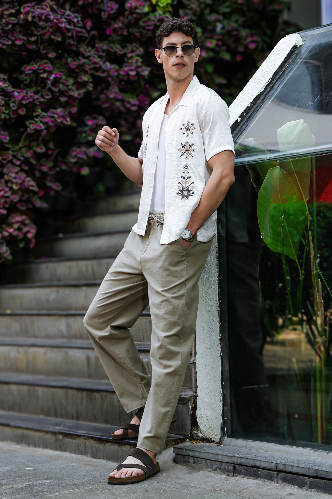 Conventional Embroidery Textured Fabric Shirt